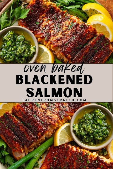 Make an extra flavorful salmon dinner with this Easy Blackened Salmon recipe! Perfect for those who love a good mix of spicy and savory, this dish is a crowd-pleaser. Learn how to create that perfect blackened crust, using a blend of Cajun spices. There's minimal prep, the oven does the work! Great for a quick dinner, it's ready in just 30 minutes, making it a practical yet impressive meal choice. Get more seafood recipes at LaurenFromScratch.com. Oven Blackened Salmon, Blackened Salmon Baked, Baked Blackened Salmon, Blackened Salmon Recipes, Cajun Spices, Recipes From Scratch, New Orleans Recipes, Oven Baked Salmon, Blackened Salmon