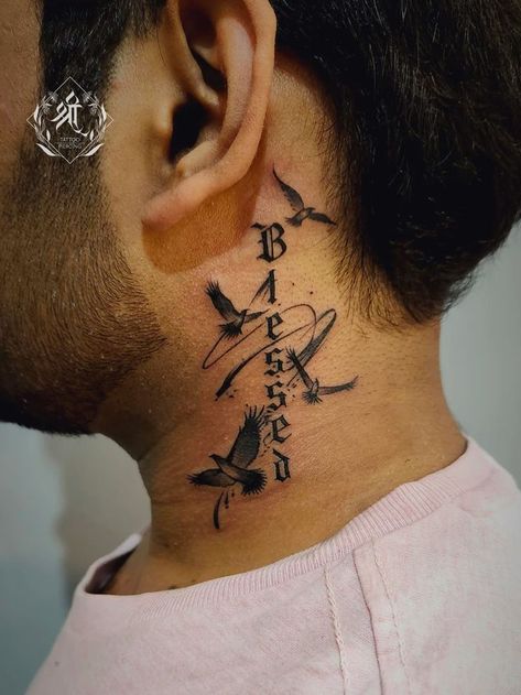 Neck tattoo _ blessed tattoo done at @shreetattoos (1) Blessed Neck Tattoo Men, Neck Tattoo With Name, Small Side Neck Tattoo, Unique Neck Tattoos For Men, Birds Neck Tattoo, Neck Tattoo For Guys Men, Male Neck Tattoos, Tattoos For Neck, Blessed Tattoo For Men