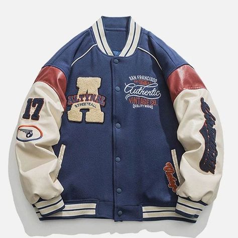 Vintage Baseball Jacket, Topi Vintage, Varsity Jacket Embroidery, Autumn Couple, Oversize Jacket, Hip Hop Trends, College Jackets, Embroidered Letters, Varsity Jacket Men