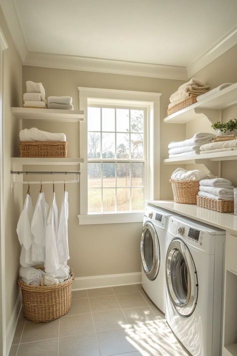 modern laundry room shelving Laundry Room No Upper Cabinets, White Floating Shelves Laundry Room, Laundry Room No Sink, Small Laundry Room With Shelves, Bedroom To Laundry Room Convert, Open Shelving Laundry Room Storage Ideas, Laundry Room And Linen Closet Combo, Small Long Laundry Room Ideas, Laundry Open Shelves