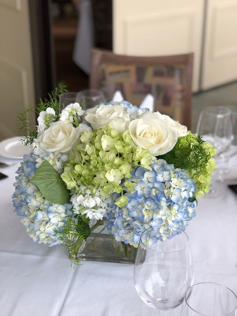 Blue Hydrangea Centerpieces, Hydrangea Flower Arrangements, Green Bridal Showers, The Flower Market, Blue Centerpieces, Studio Shed, Something Blue Bridal, White Baby Showers, Hydrangea Arrangements