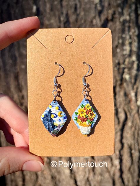 Handmade Van Gogh earrings Van Gogh Polymer Clay, Painting Polymer Clay Earrings, Van Gogh Earrings, Hand Embroidered Jewelry, Van Gogh Painting, Craft Clay, Diy Earrings Polymer Clay, Mushroom Jewelry, Polymer Clay Diy