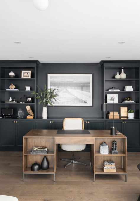 Posh Home Office, Home Office With Computer Monitor, Office Blueprints, Home Office Computer Setup, Home Office Credenza, Masculine Office, Gamer Office, Black Home Office, Office Built Ins