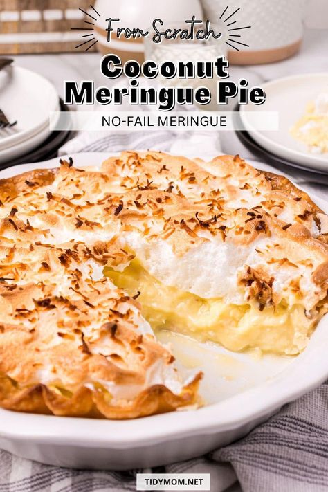 Indulge in a slice of heaven with this homemade coconut meringue pie! This classic dessert features a creamy coconut custard filling topped with fluffy meringue and baked to perfection in a flaky crust. Perfect for summer gatherings or a special treat anytime, this pie is sure to impress your guests and leave them asking for seconds. PRINTABLE RECIPE + no-fail meringue tips at TidyMom.net Taste Of Home Coconut Cream Pie, Easy Coconut Meringue Pie, Grandma's Coconut Cream Pie, Homemade Coconut Cream Pie With Meringue, Coconut Cream Meringue Pie, Homemade Coconut Pie, Old Fashion Coconut Cream Pie Recipe, Coconut Meringue Pie Recipe, Homemade Cream Pies