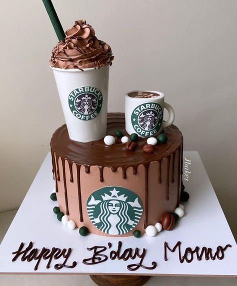 Coffee Cake Design Ideas, Starbucks Cake Design, Coffee Lover Cake, Birthday Cake Starbucks, Starbucks Chocolate Cake, Coffee Cake Design, Starbucks Birthday Cake, Lover Cake, Starbucks Chocolate