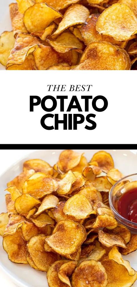 Save this recipe for the Best Easy Fried Homemade Potato Chips. Got 20 Minutes and 3 Ingredients? Then you have to try these Homemade Potato Chips! They are super crunchy and so addicting! These are going to be your new favorite snack. Plus there is no soaking or double frying required! Follow Chef Savvy for more Healthy Snacks. Easy Potato Chips, Homemade Potato Chips Baked, Crisps Recipe, Homemade Chips Fried, Homemade Potatoes Chips, Potatoes Chips, Homemade Potato Fries, Homemade Doritos Chips, Homemade Potato Chips