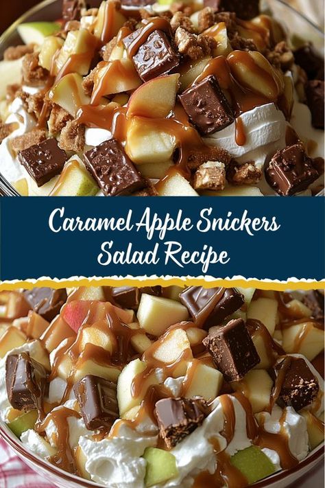 Indulge in the perfect combination of crunchy, sweet, and creamy with this Caramel Apple Snickers Salad. This delightful dessert salad is quick to prepare and is sure to be a crowd-pleaser at any gathering! Snickers Salad Recipe, Apple Snickers Salad, Snickers Caramel Apple Salad, Snickers Dessert, Caramel Apple Salad, Caramel Apple Desserts, Snicker Apple Salad, Snickers Salad, Fun Thanksgiving Desserts