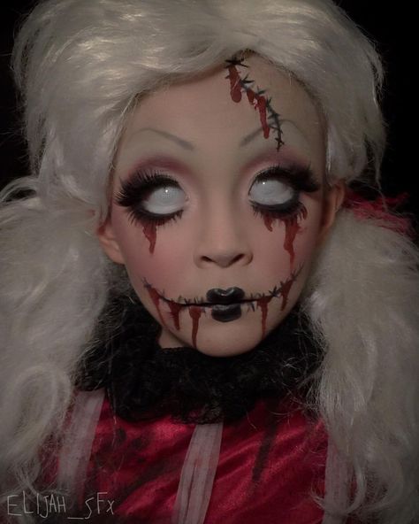 Elijah Adson Holmes on Instagram: “🎀STITCHED DOLLY🍼 Hey Loves! So here is a closer look at my Creepy Stitched Doll makeup that I did on my little brother ( @jwthepicke07 ) I…” Creepy Dolls Makeup, Doll Make-up Halloween, Doll Halloween Makeup Creepy, Doll Halloween Make Up, Creepy Doll Face Makeup, Stitched Doll Makeup, Creepy Doll Costume Makeup, Creepy Dolls Costume, Scary Doll Costume For Women