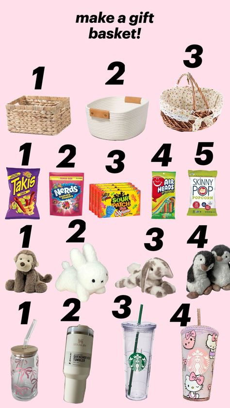 make a gift basket! comment below your combo. How To Make A Gift Basket, Cheap Gift Ideas For Friends, Cute Basket Ideas, Diy Birthday Basket, Macy Aesthetic, Cheap Gift Basket Ideas, Small Gift Basket Ideas, Sleepover Packing, Cheap Gift Baskets