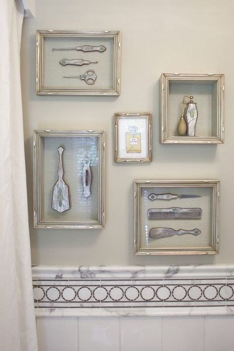 Framing Family Heirlooms – 1010 Park Place Framed Objects, Bathroom Vintage, Vanity Sets, Hair Salon Decor, Quotes Poster, Salon Suites, Vintage Bathrooms, Trendy Bathroom, Vintage Bathroom