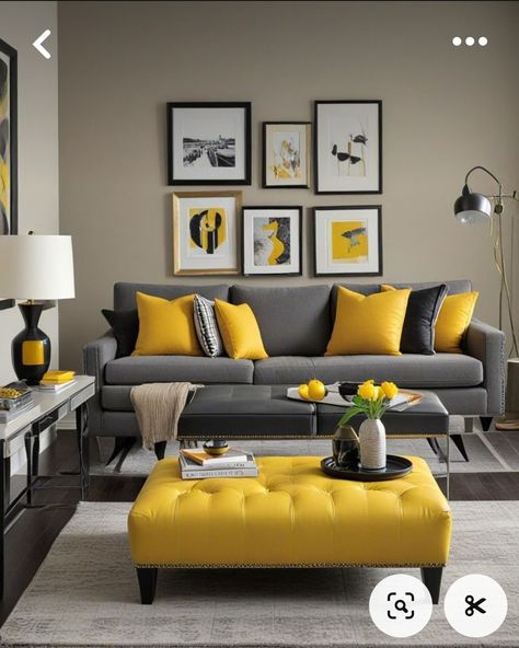 Living Room Inspiration Grey Sofa, Grey Yellow Aesthetic, Black And Yellow Living Room Ideas, Grey And Mustard Living Room, Grey Yellow Living Room, Yellow Living Room Ideas, Mustard Living Rooms, Yellow Ottoman, Cheerful Aesthetic