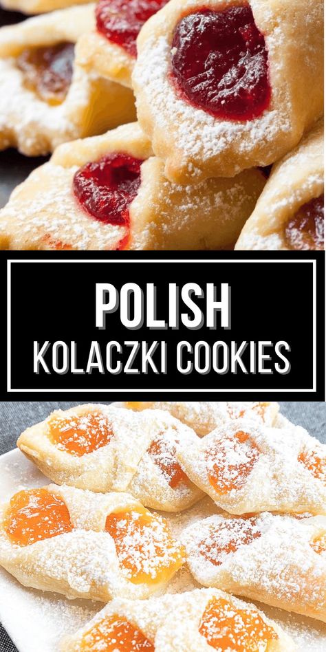 Kolacky are traditional Polish cookies made with a cream cheese cookie base and filled with sweet jam. They are beautiful to look at, have delicious fillings are seriously addictive. Kolachky Cookie Recipe, Kolache Cookie Recipe, Kolacky Cookies, Kolaczki Cookies Recipe, Kolaczki Cookies, Cream Cheese Cookie, Polish Cookies, Kolache Recipe, Polish Desserts