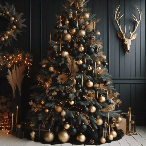 Black Theme Christmas Decor, Black Decor Christmas Tree, Brown And Black Christmas Tree, Monochrome Christmas Tree, Basement Christmas Decor, Black And Gold Christmas Tree Ideas, Christmas Decor Ideas 2024 Trends Colors, Black Christmas Tree Ideas, Moody Christmas Tree