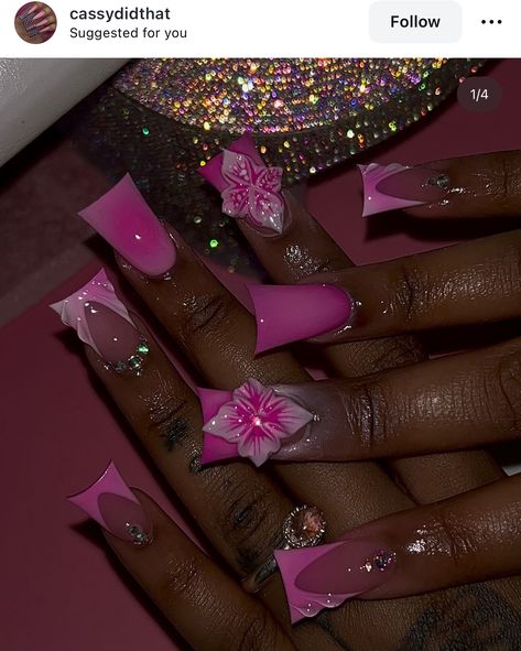 Pink Duck Nails, Dark Pink Nails, Pink Duck, Junk Nails, Cute Pink Nails, Hard Nails, Duck Nails, Colored Acrylic Nails, Girly Acrylic Nails