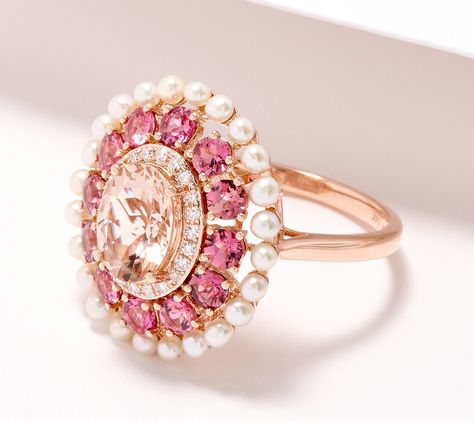 Let this pretty pink ring blossom on your finger. Colored gemstones surrounded by white diamonds and cultured freshwater pearls resemble a beautiful flower in bloom. From Effy Jewelry. Pink Rings, Gold Pearl Ring, Colored Gemstones, Morganite Diamond, Tourmaline Jewelry, Wedding Rings Vintage, Bling Rings, Pearl Gemstone, Freshwater Cultured Pearls