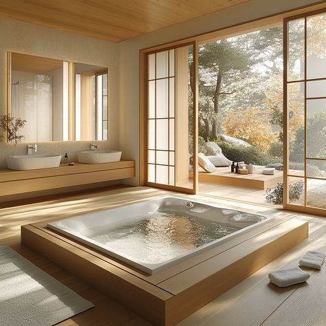 Indulge in the simplicity and tranquility of a minimalist Japanese bathroom. With natural materials and a soaking tub, this design offers a spa-like retreat in your own home. #JapaneseBathroom #MinimalistDesign #SpaLiving #ZenHome Japanese Home Bathroom, Japanese Bath House Traditional, Onsen Aesthetic, Asian Style Bathroom, Bathtub Japanese, Asian Bathroom Ideas, Modern Japanese Bathroom, Japanese Soaking Tub Shower Combo, Japan Bathroom