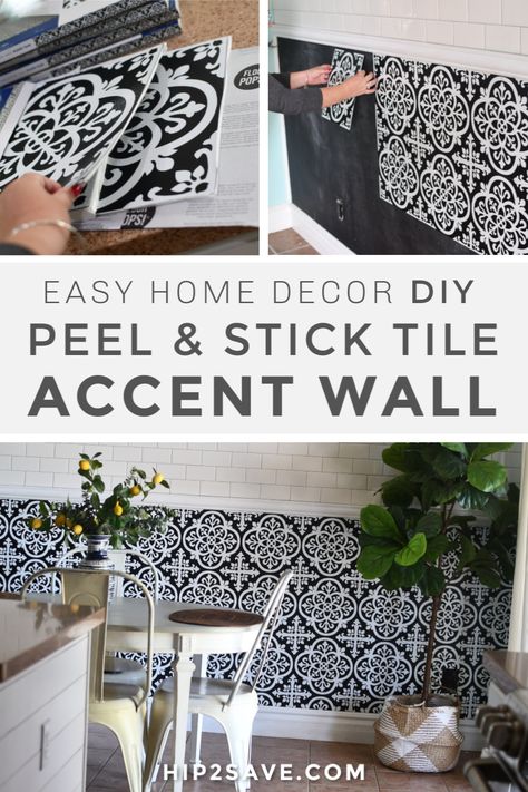 We installed these stylish vinyl tiles recently in our kitchen as an easy DIY project and I'm super impressed with the results! The best part is there were no trips to the hardware store at all, and we were able to get this wall done in under 3 hours for under $50! #diy #home #decor #peelandsticktiles #vinyltiles #accent #wall Bar Wall Ideas, Diy Wall Tile, Peel Stick Tile, Tile Accent Wall, Accent Wall Ideas, Bathroom Accent Wall, Diy Accent Wall, Peel And Stick Tile, Vinyl Tiles