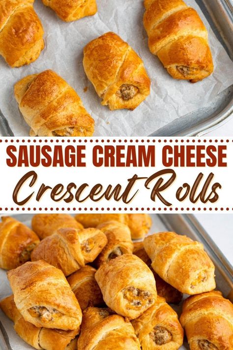 these sausage cream cheese crescent rolls are so addictive! With only 4 ingredients and 20 minutes of prep time, these cheesy, delicious appetizers couldn't be easier. Sausage Cream Cheese Crescent Rolls, Roll Appetizers, Sausage Crescent, Sausage Crescents, Sausage Crescent Rolls, Recipes Using Crescent Rolls, Sausage Cream Cheese, Sausage Appetizers, Simple Appetizer