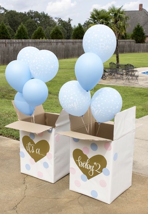 Gender Reveal Party Food, Gender Reveal Box, Reveal Party Games, Twin Gender Reveal, Gender Reveal Party Games, Idee Babyshower, Gender Reveal Themes, Gender Reveal Ideas, Baby Reveal Party