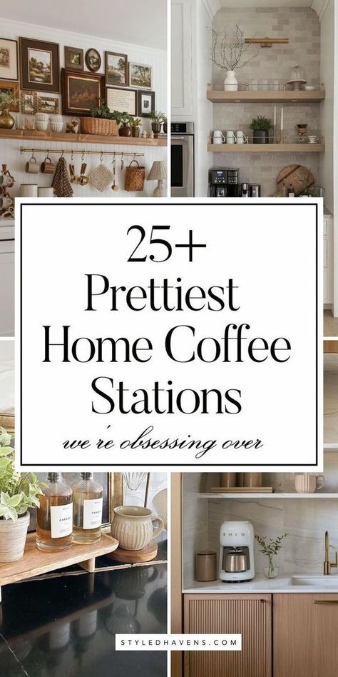 Searching for cute kitchen decor for your home coffee bar? These elegant coffee bar ideas are literally *so-good* and hand-picked - whether you're looking more for small coffee bar ideas, or cute corner coffee bar ideas, these home coffee bar designs will be sure to inspire you! (SAVE to your KITCHEN IDEAS board for later!) Coffee And Tea Area In Kitchen, Living Room Coffee Station, Small Area Coffee Bar Ideas, Unique Coffee Bar Ideas, Coffee Cocoa Bar Ideas, Tea Bar Ideas Kitchen Counter, Coffee Bar Ideas Black, Coffee Pot On Counter Ideas, Bar And Coffee Station Ideas