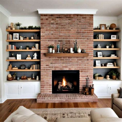 40 Brick Fireplace Ideas To Cozy up Your Home Cozy Living Room With Brick Fireplace, Renovate Brick Fireplace, Removing Paint From Brick Fireplace, Brick Fireplace Makeover With Built Ins, Fireplace Wall Ideas Brick, Fireplace Area Ideas, Living Room Ideas No Fireplace, Brick Fireplace Bookshelves, Fo Fireplace