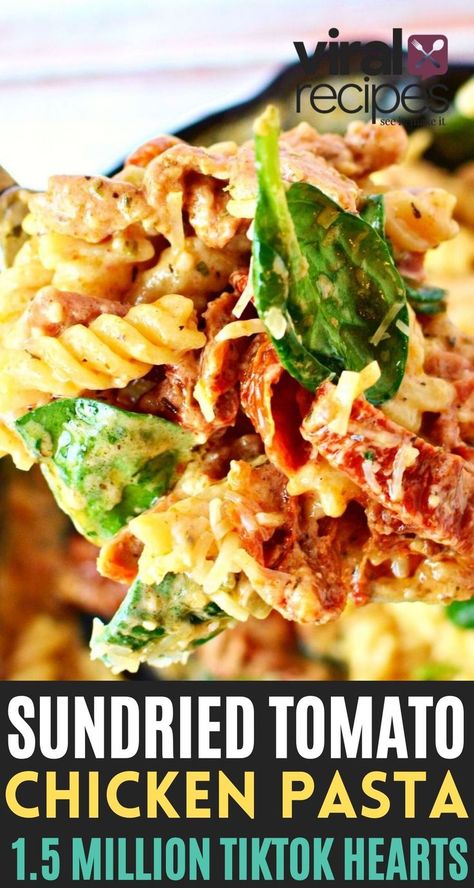 Creamy Sundried Tomato Chicken Pasta is a delicious and perfect dinner recipe made in a tomato-based garlic pasta cream sauce. Made from scratch, tender seasoned chicken paired with pasta and fresh spinach leaves makes a full meal in one pan. See why TikTok sent this to the moon with over 1.5 MILLION hearts and the step-by-step instructions on easily duplicating it in your kitchen tonight! #viral #chickenpasta #pasta #tiktok #chickenrecipe Sundried Tomato Chicken Pasta, Tomato Recipes Healthy, Tomato And Spinach Pasta, Tomato Chicken Pasta, Sundried Tomato Recipes, Salty Side Dish, Tomatoes Dinner, Sundried Tomato Chicken, Chicken Spinach Pasta