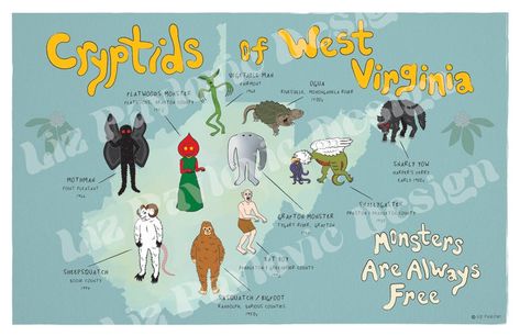 Cryptids of West Virginia Map | Etsy Grafton Monster, Flatwoods Monster, Virginia Map, River Monsters, Myths & Monsters, Morgantown Wv, Bat Boys, Ap Art, Illustrated Map