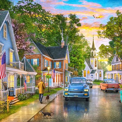 ArtStation - Dominic Davison Cartoon Town, Town Painting, Lilac Cottage, Storybook House, Small Towns Usa, House Cartoon, Dream Vacations Destinations, Cottage Art, Country Art