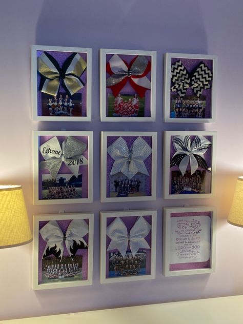 Use inexpensive shadow box frames from Michael’s, cheer bows, and team photos to create this cheer memories wall gallery. Made The Cheer Team Gift, Team Gift Ideas Cheer, Cheer Closet Organization, Cheer Storage Ideas, Display Cheer Bows, Cheer Gift From Coach, Signs For Cheer Competition, Cheer Trophy Display Ideas, Cheer Memory Ideas