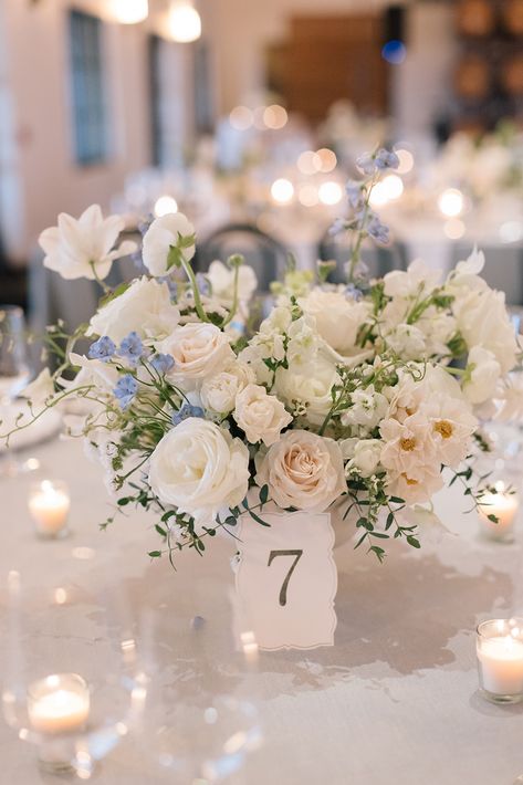 Timeless Wedding Floral Arrangements, White And Light Blue Centerpiece, Floral Budget For Wedding, Blue And White Floral Centerpieces Wedding, White And Cream Floral Arrangements, Hydrangea Centerpiece Diy Wedding, Delicate Wedding Flowers, Light Wedding Flowers, Blue Candle Wedding Centerpieces