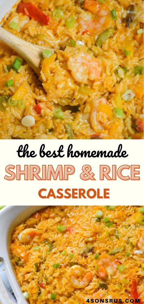 Shrimp and rice casserole has a spicy southern, Cajun flavor your whole family will enjoy. It is perfect for an easy weeknight dinner and easily doubles for your next gathering. Shrimp Cornbread Casserole, Old Bay Shrimp Casserole, Easy Shrimp And Rice Recipes Quick, Cajun Shrimp Casserole, Seafood And Rice Casserole Recipes, Fancy Shrimp Casserole, Shrimp And Rice Casserole Recipes Easy, Shrimp Rice Bake, Shrimp And Wild Rice Casserole