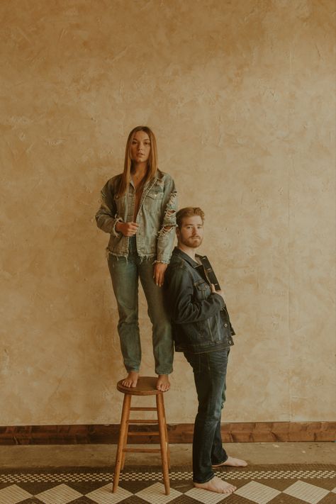 all denim couple editorial pose Editorial Couple Photoshoot, Couple Editorial, Editorial Couple, Hoco 2023, Studio Editorial, Denim Photoshoot, Beach Mood, Denim Editorial, Couples Pose