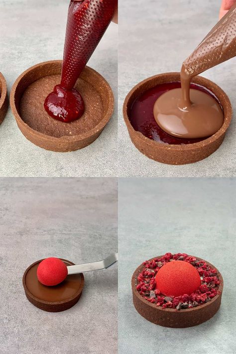 Holiday Plated Desserts, Chocolate Tart Decoration Ideas, Chocolate Raspberry Tarte, Tartlets Decoration, Profiteroles Plating, Gourmet Pastry Recipes, Tarte Ideas, Plated Desserts Ideas Presentation, Cute Tarts