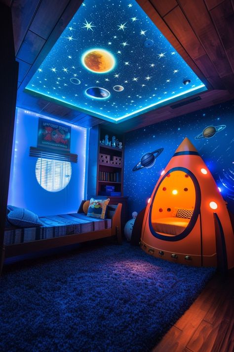 Rocket Ship Bedroom, Astronaut Room Ideas, Kids Boys Room Ideas, Space Themed Interior Design, Space Inspired Bedroom, Solar System Bedroom Ideas For Kids, Solar System Room For Kids, Room For Boys Kids, Kids Room For Boys