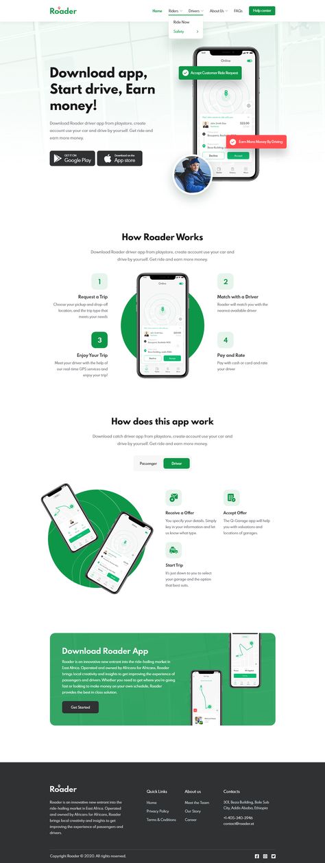 Ride Sharing Mobile App Landing Page on Behance Website Design Mobile Web Layout, Ride Sharing App Website, Ride Share Website, Landing Page Mockup, App Landing Page Design Inspiration, App Website Design Landing Pages, Landing Pages Ui, Landing Page App Design, Mobile App Website Design