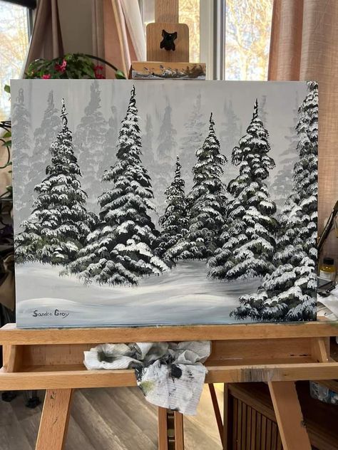 Trees In Snow Painting, Snow On Trees Painting, Snow Scene Painting, Acrylic Winter Scene Paintings, Snowy Trees Painting, Winter Paintings On Canvas Acrylics, Draw Tree, Winter Scene Paintings, Pine Tree Painting