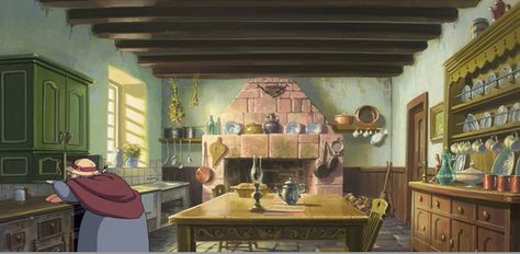 Kitchen from the beginning of Miyazaki's Howl's Moving Castle. Studio Ghibli Kitchen, Ghibli Kitchen, Castle Kitchen, Castle Kitchens, 하울의 움직이는 성, Studio Ghibli Background, 동화 삽화, Castles Interior, Ghibli Artwork