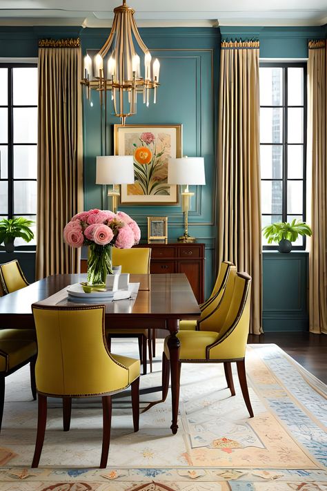 Dining Room With Yellow Chairs, Dining Room Jewel Tones, Eclectic Traditional Home, Anthropologie Dining Room Inspiration, Yellow Dining Room Chairs, Peacock Blue Dining Room, Teal Dining Room Decor, Grandmillennial Dining Room, Yellow Chairs Dining