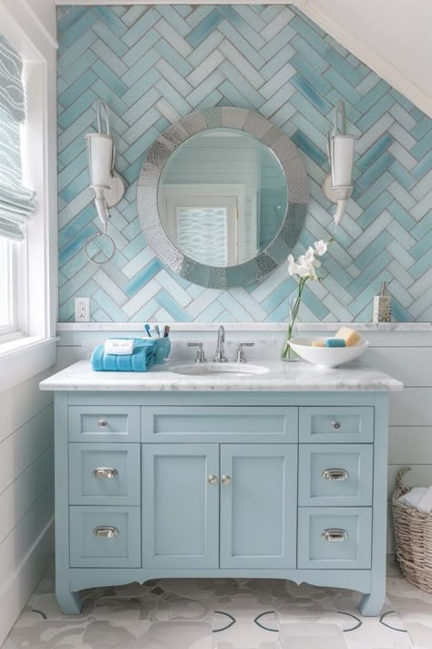 Coastal Bathroom  vanity and glass tile Beach Color Bedroom, Beachy Shower Tile Ideas, Coastal Cottage Bathroom Ideas, Surfer Bathroom, Beachy Bathroom Coastal Style, Coastal Master Bath, Sea Glass Bathroom, Beach Bathroom Ideas, Coastal Bathroom Tile