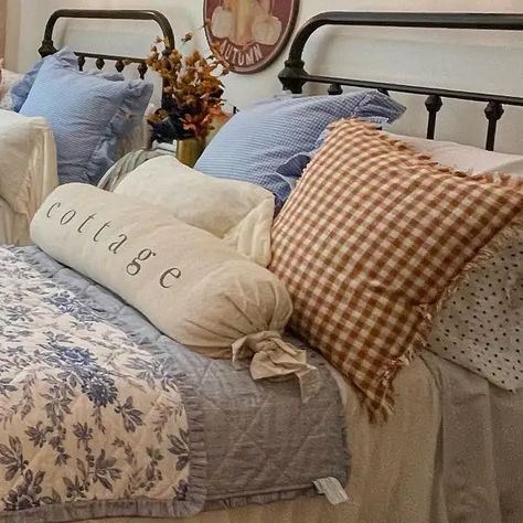 Outdoor Fall Pillows, Modern Americana Decor, Bedroom Primary, Cottage Build, Ticking Stripe Bedding, Western Style Decor, Plaid Pillows, Ruffle Comforter, Decorate Bedroom