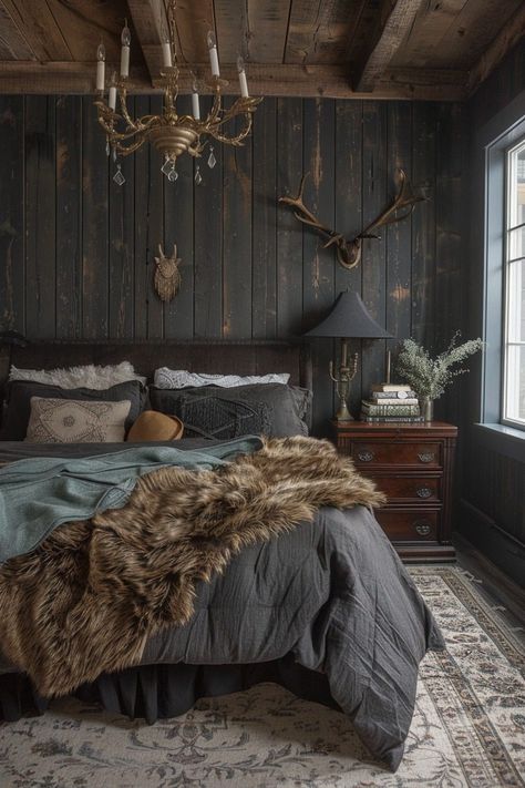 29 Rustic Boho Witchy Bedroom Ideas to Transform Your Space 10 Dark Wood Wall Bedroom, Viking Inspired Living Room, Moody Dark Bedroom Ideas, Dark Wood Interior Design Bedroom, Dark Moody Rustic Bedroom, Viking Bedroom Decor, Viking Style Home Decor, Cabin Bedroom Colors, Forest Cabin Bedroom