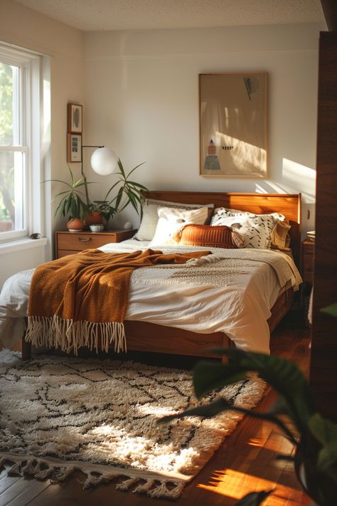 Mid-Century Modern Bedroom - Quiet Minimal Guest Bedroom Ideas Mid Century, Midcentury Small Bedroom, Cozy Natural Bedroom Aesthetic, Coastal Cowboy Aesthetic Bedroom, Rustic Bedroom Inspirations, Midmod Bedroom, Warm Aesthetic Bedroom, Bedroom Small Ideas, Cozy Mid Century Modern Bedroom