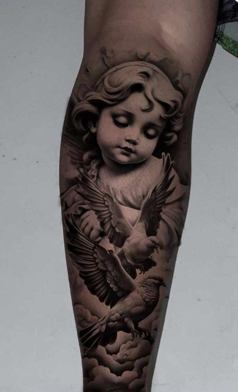 Tattoo Cherub Angel, Large Angel Tattoo, Angel And Dove Tattoo, 3 Doves Tattoo, Dove Sleeve Tattoo, Angel Tattoo On Arm, Angel Tattoo Leg, Realism Angel Tattoo, Guardian Angel Tattoo For Women