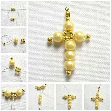 Diy Easter Jewelry, Cross Jewelry Diy, Pearls Diy, Bead Charms Diy, Diy Bracelets Patterns, Diy Bracelet Designs, Beaded Jewelry Tutorials, Handmade Jewelry Tutorials, Beaded Cross