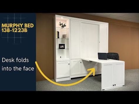 Murphy bed with hidden desk 138-1223b - YouTube Shaker Bed, Side Desk, Hidden Desk, Murphy Bed Desk, Bookcase Lighting, Shoji White, Bookcase Door, Desk Styling, Desk Cabinet