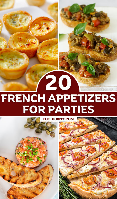 This curated collection of 20 French appetizers showcases the breadth and depth of France’s culinary heritage, from the rustic charm of Pâté de Campagne to the sophisticated elegance of Olive Tapenade Crostini.  Each recipe offers a glimpse into the rich tapestry of French cuisine, inviting diners to embark on a gastronomic journey that begins with these delectable starters. Paris Themed Appetizers, Classic French Appetizers, French Starters Appetizers, French Themed Appetizers, French Style Appetizers, French Apero Ideas, France Appetizers, Parisian Appetizers, French Tea Party Food