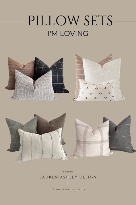 Beige Couch Pillows, Taupe Couch, Couch Pillow Arrangement, Studio Mcgee Living Room, Trendy Sofa, Light Gray Couch, Throw Pillow Combinations, Decorative Shelves, Beige Couch