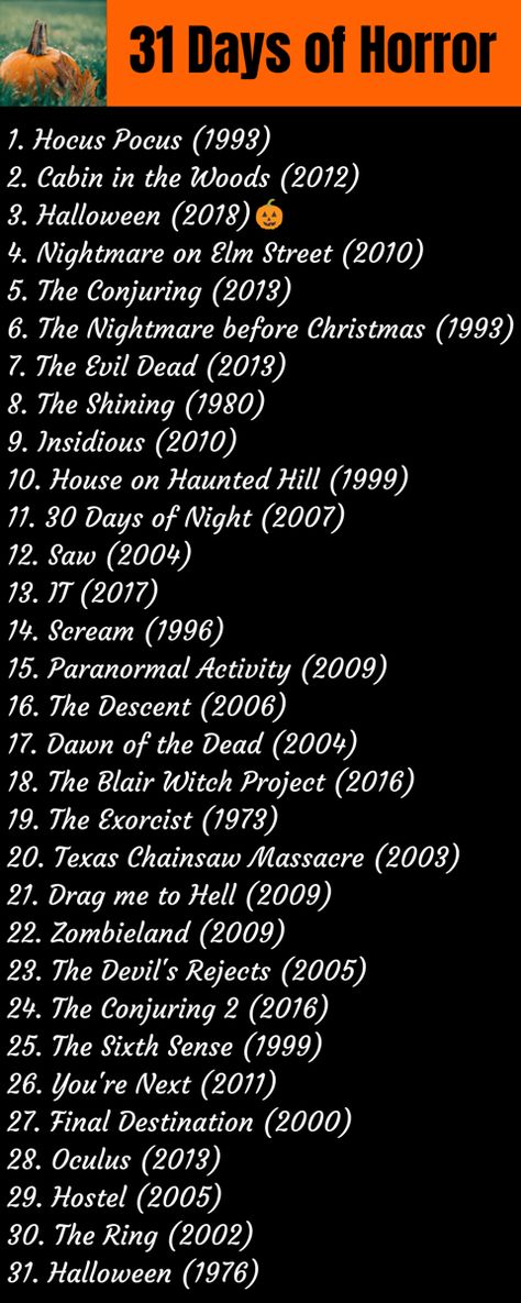 31 Days Of Halloween Movies Scary, 31 Days Of Scary Movies, 30 Days Of Horror Movies, Top 10 Horror Movies List, Halloween Movies List 31 Days, Iconic Halloween Movies, Halloween Celebration Ideas, 31 Movies For Halloween, 31 Nights Of Halloween Movies