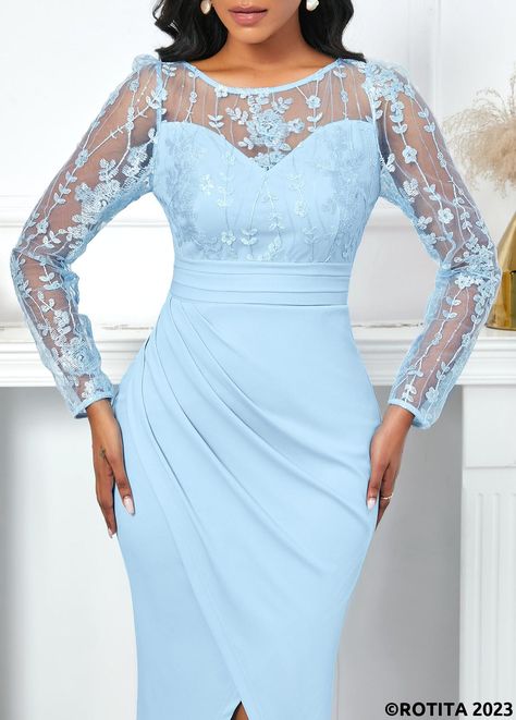 ROTITA Lace Light Blue Round Neck Dress | Rotita.com - USD $44.98 Blue Lace Long Sleeve Dress, Light Blue Long Sleeve Dress, Graduation Dress College Classy, Light Blue Dress Formal, Dress For Chubby Ladies, Dress For Chubby, Lace Long Sleeve Dress, Cotton Short Dresses, Light Blue Long Sleeve