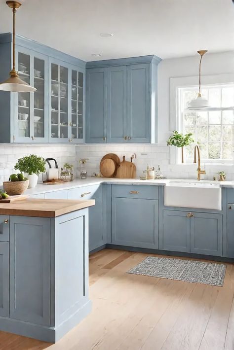 Neutral Blue Kitchen Cabinets, Bright And Airy Kitchen, Boho Blue Kitchen, Kitchen Pop Of Color, Blue And Oak Kitchen, Dusty Blue Kitchen, Powder Blue Kitchen, Modern Kitchen Cabinet Colors, Kitchen Blue Cabinets